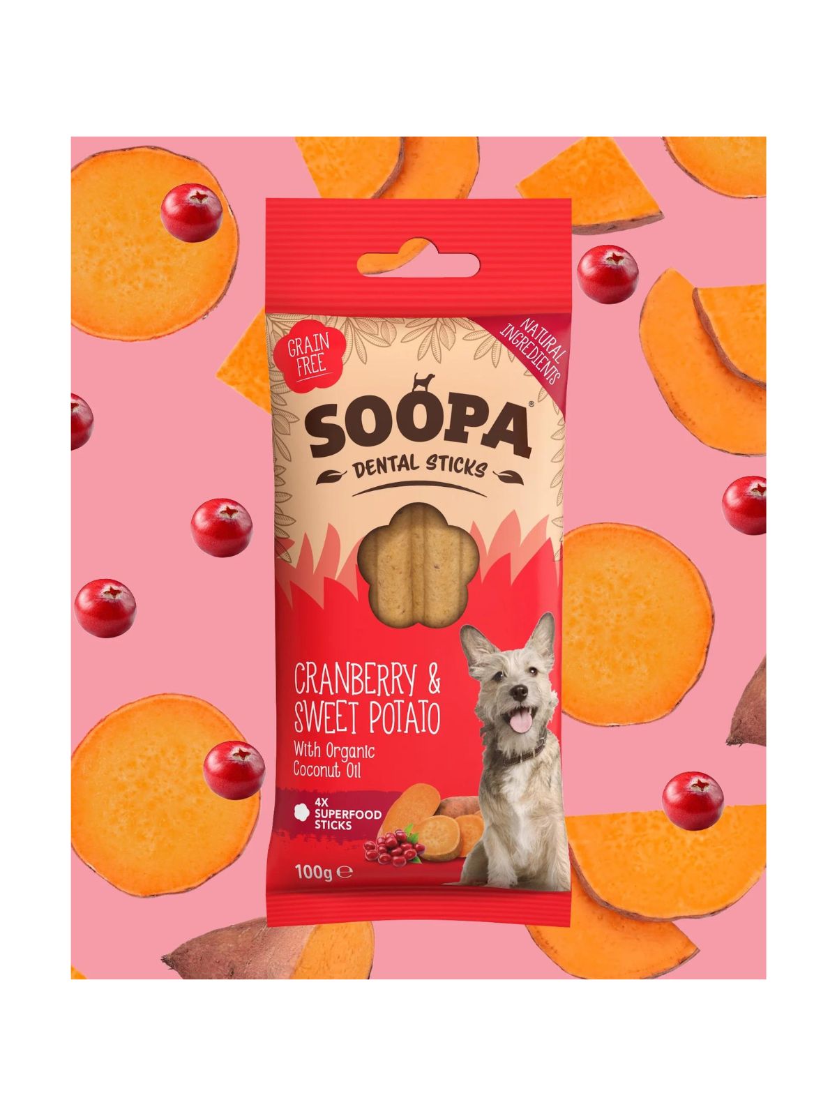 SOOPA dentálne tyčinky s brusnicami a batátom 100 g