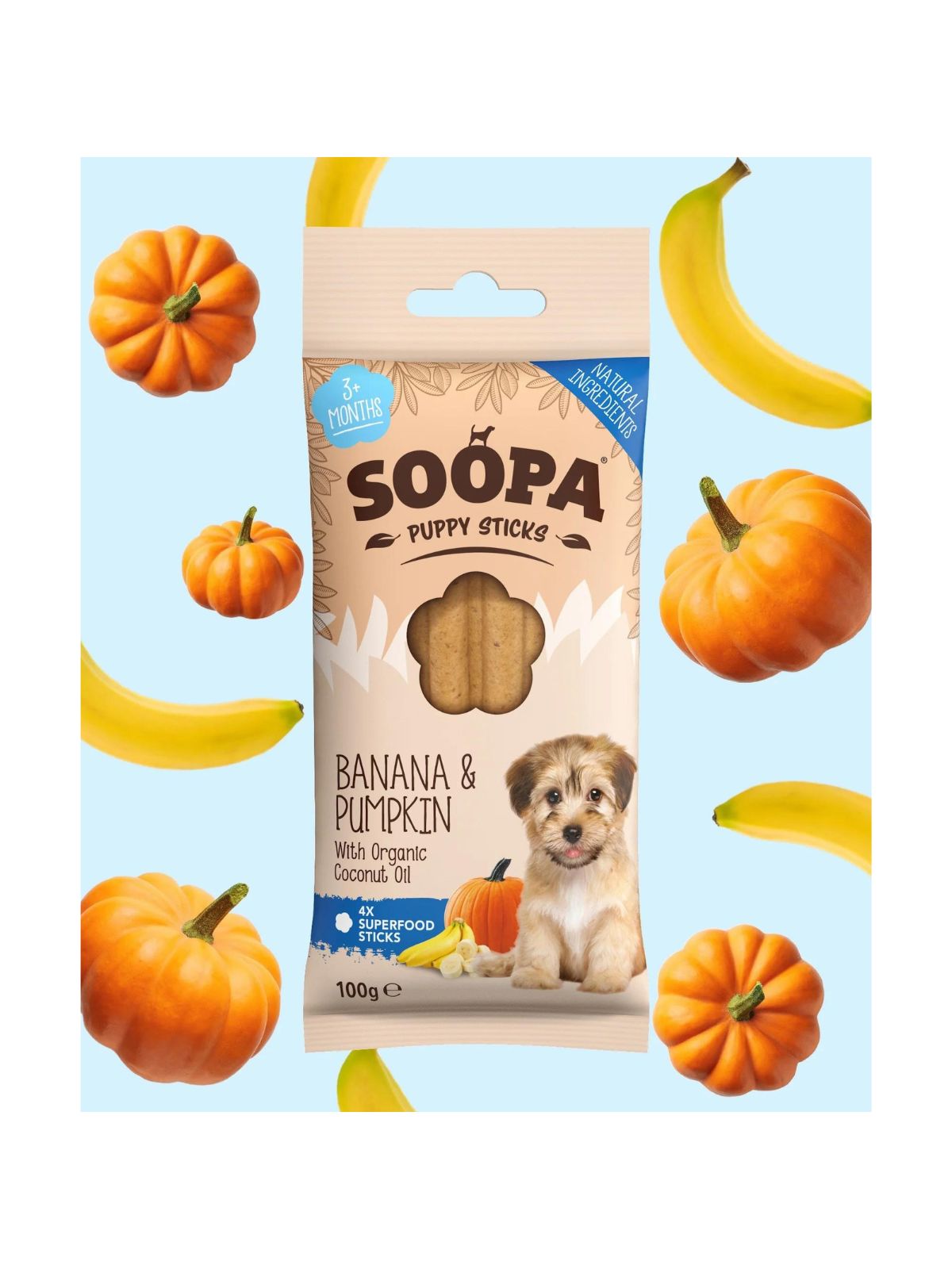 SOOPA Puppy dentálne tyčinky s banánom a tekvicou 100 g